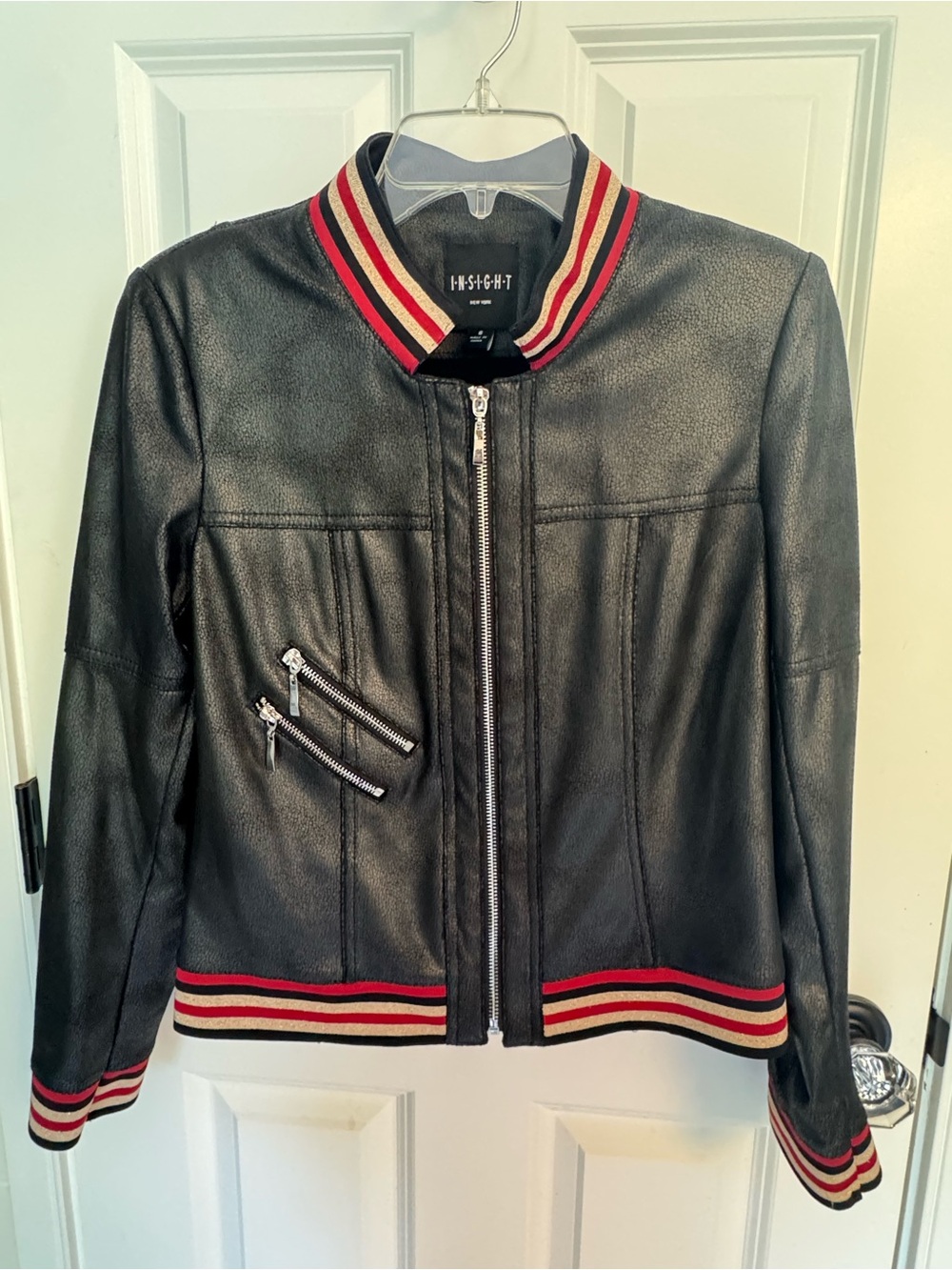 INSIGHT Black Faux Leather Jacket with Striped Trim- Size 6